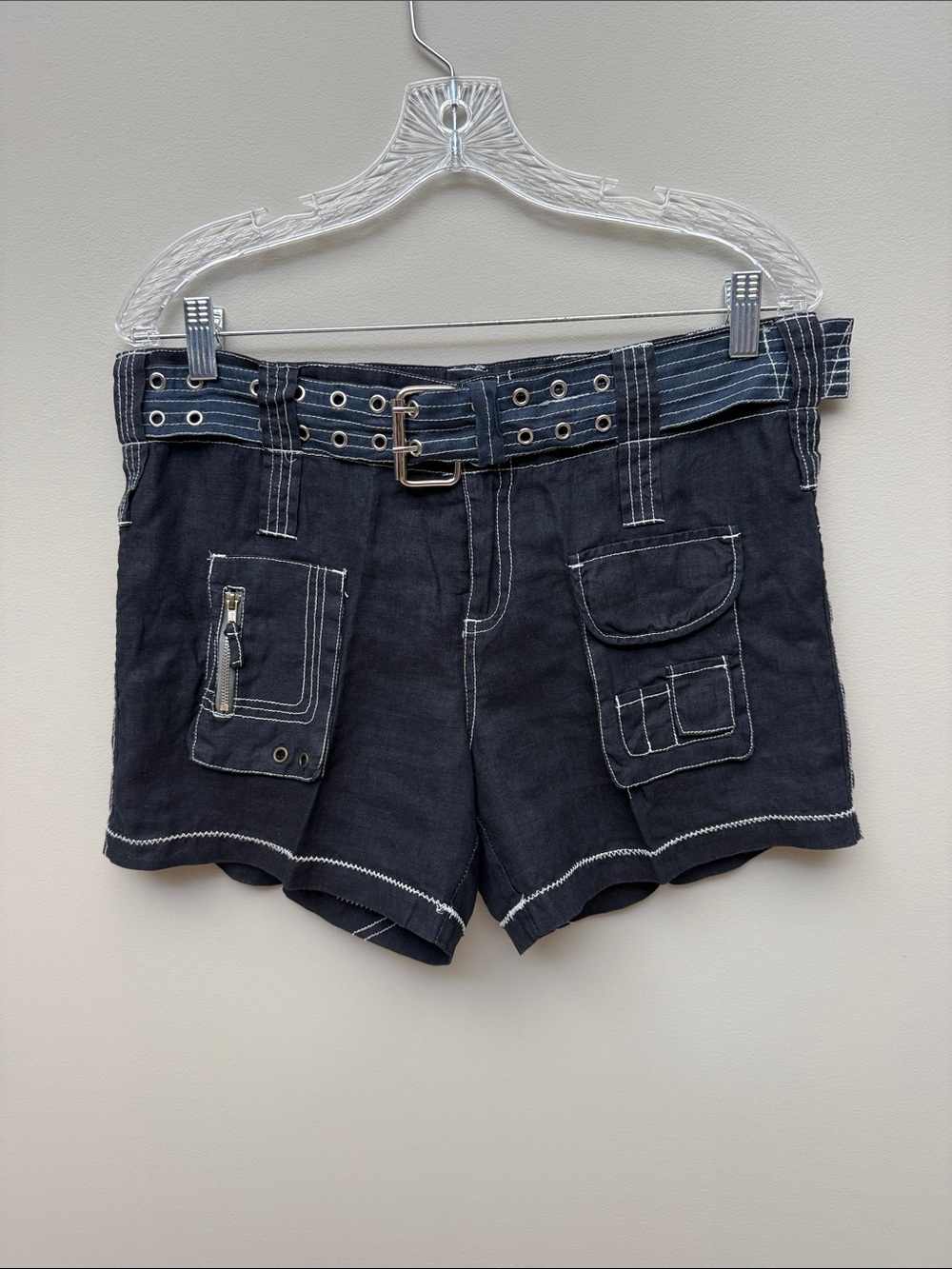 Johnny Was Navy Cargo Shorts with Grommet Belt